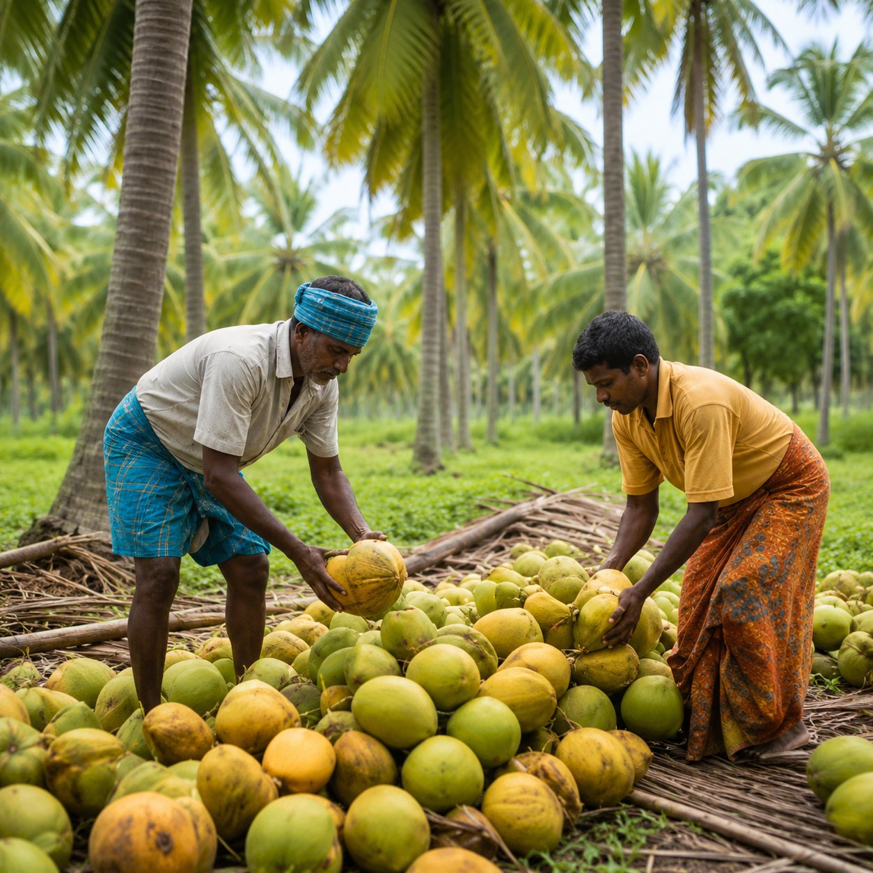 Coconut farmers sorting fresh coconuts